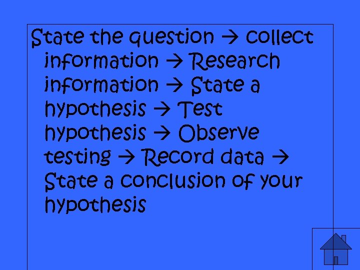 State the question collect information Research information State a hypothesis Test hypothesis Observe testing