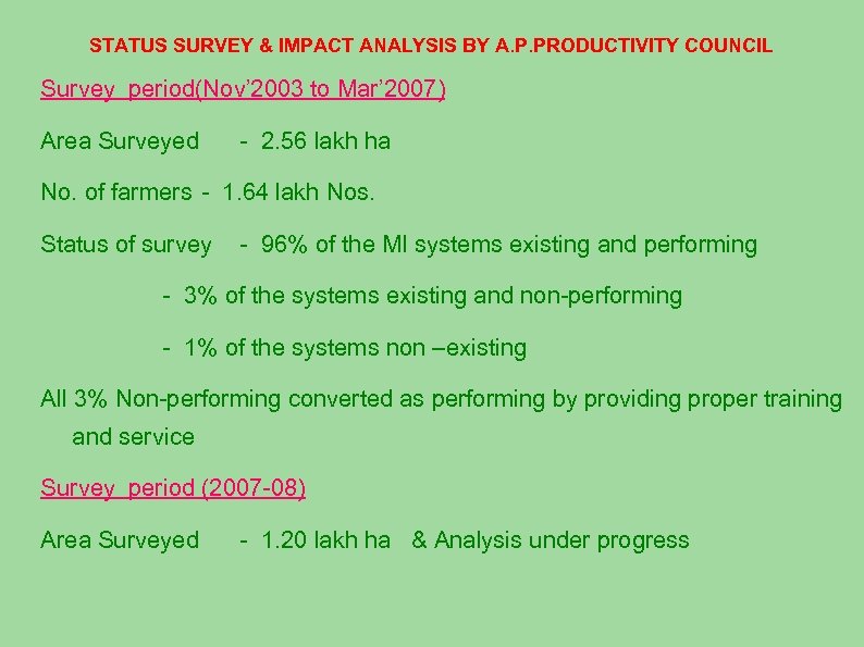 STATUS SURVEY & IMPACT ANALYSIS BY A. P. PRODUCTIVITY COUNCIL Survey period(Nov’ 2003 to