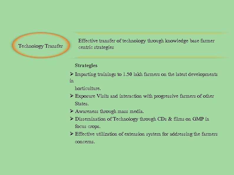 Technology Transfer Effective transfer of technology through knowledge base farmer centric strategies Strategies Ø