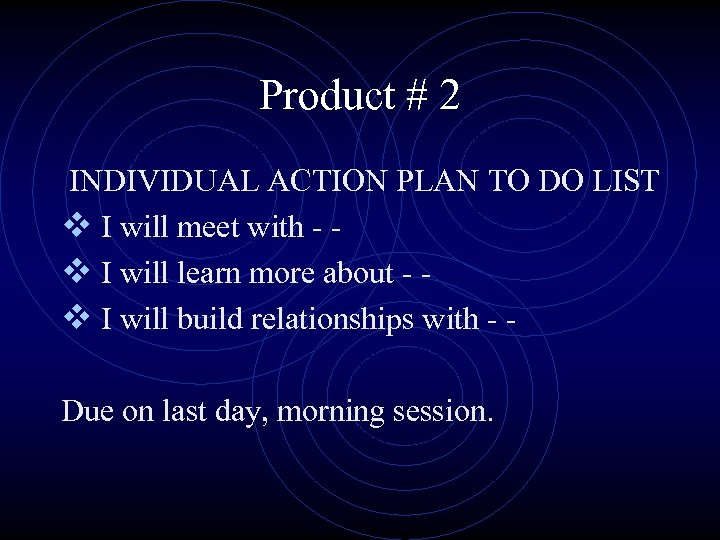 Product # 2 INDIVIDUAL ACTION PLAN TO DO LIST v I will meet with