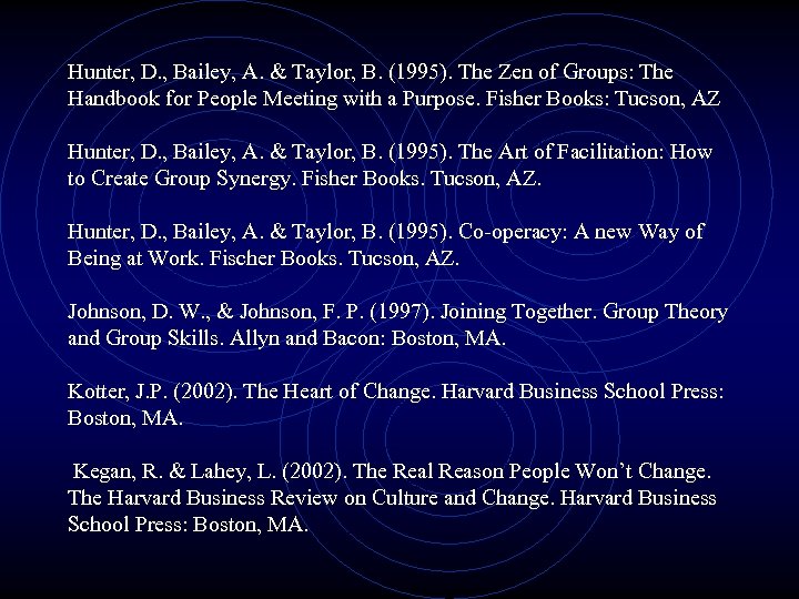 Hunter, D. , Bailey, A. & Taylor, B. (1995). The Zen of Groups: The