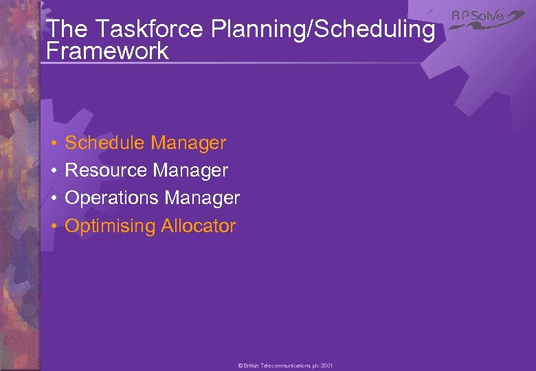 The Taskforce Planning/Scheduling Framework • • Schedule Manager Resource Manager Operations Manager Optimising Allocator