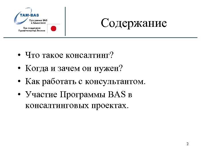 Программа BAS в Казахстане При поддержке Правительства Японии • • Содержание Что такое консалтинг?