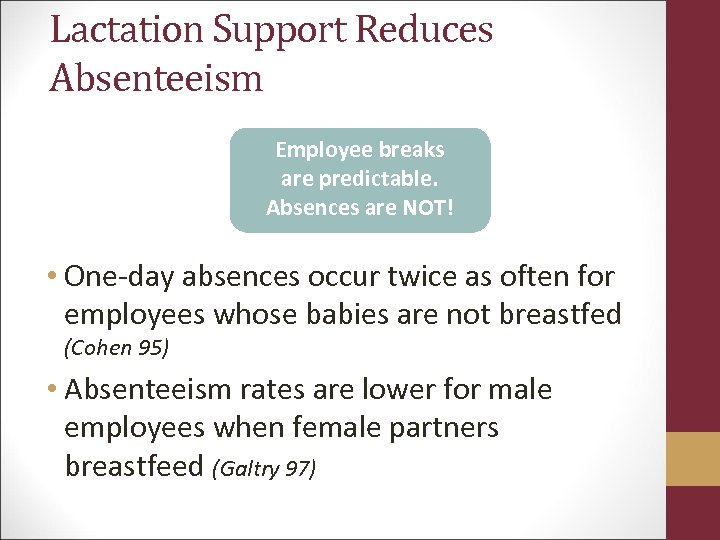 Lactation Support Reduces Absenteeism Employee breaks are predictable. Absences are NOT! • One-day absences