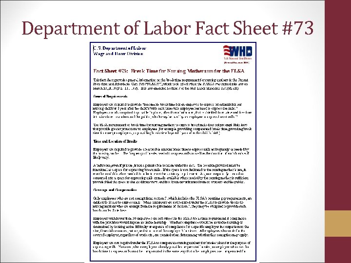Department of Labor Fact Sheet #73 
