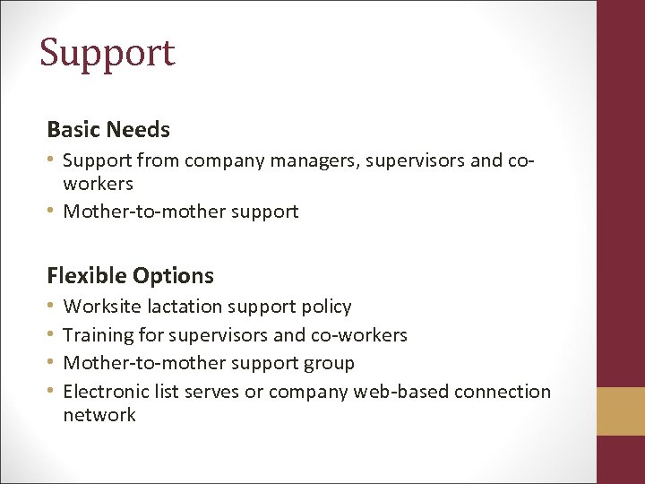Support Basic Needs • Support from company managers, supervisors and coworkers • Mother-to-mother support