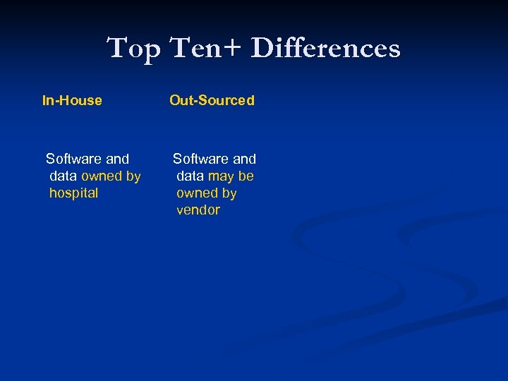 Top Ten+ Differences In-House Out-Sourced Software and data owned by hospital Software and data