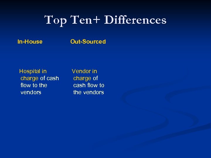 Top Ten+ Differences In-House Out-Sourced Hospital in charge of cash flow to the vendors