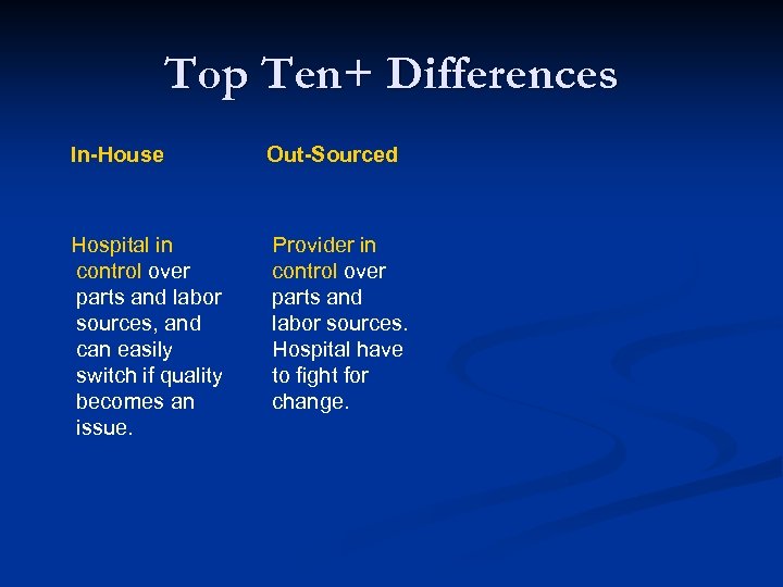 Top Ten+ Differences In-House Out-Sourced Hospital in control over parts and labor sources, and