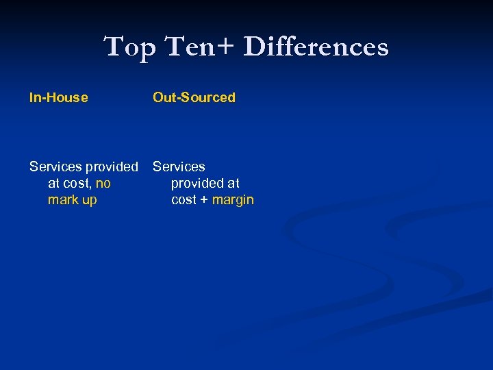 Top Ten+ Differences In-House Out-Sourced Services provided at cost, no mark up Services provided