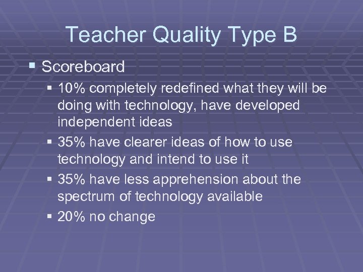 Teacher Quality Type B § Scoreboard § 10% completely redefined what they will be