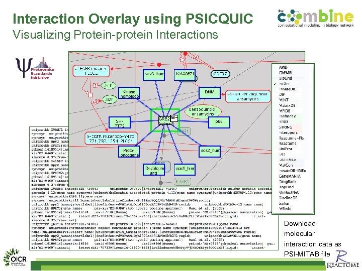 Interaction Overlay using PSICQUIC Visualizing Protein-protein Interactions Download molecular interaction data as PSI-MITAB file