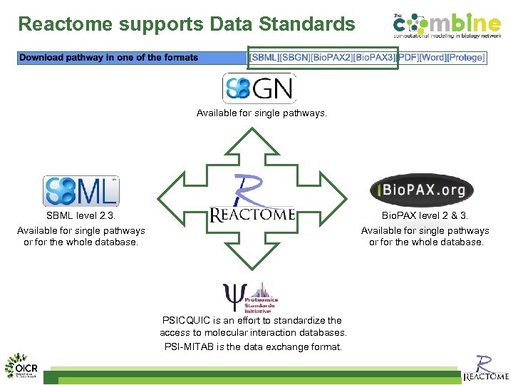 Reactome supports Data Standards Available for single pathways. Bio. PAX level 2 & 3.