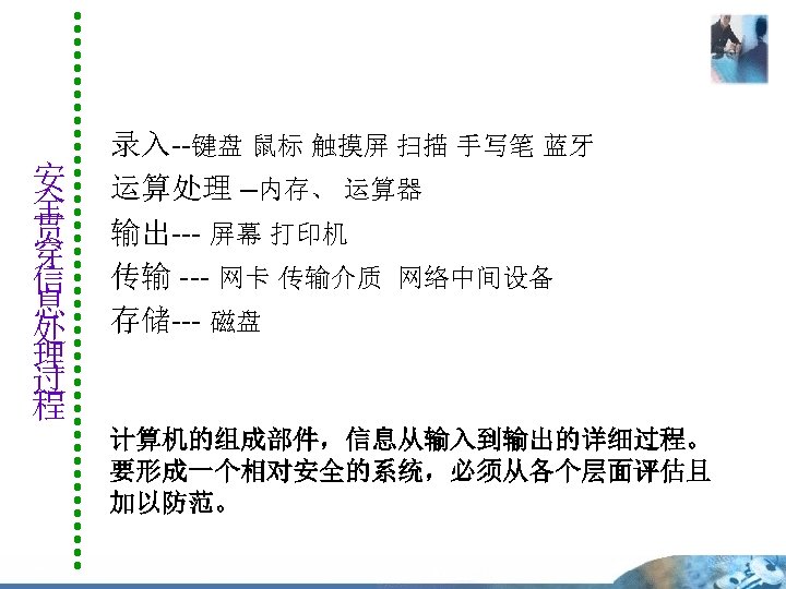 安 全 贯 穿 信 息 处 理 过 程 录入--键盘 鼠标 触摸屏 扫描