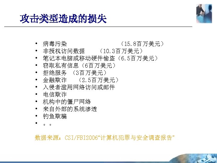 攻击类型造成的损失 • • • 病毒污染 （15. 8百万美元） 非授权访问数据 （10. 3百万美元） 笔记本电脑或移动硬件偷盗（6. 5百万美元） 窃取私有信息（6百万美元） 拒绝服务