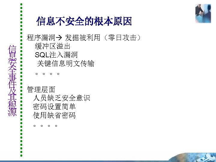 信息不安全的根本原因 信 息 安 全 事 件 及 其 根 源 程序漏洞 发掘被利用（零日攻击） 缓冲区溢出