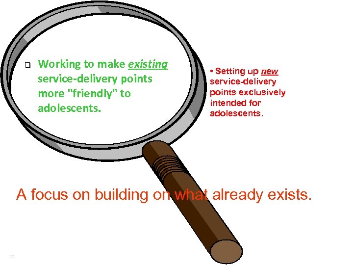 q Working to make existing service-delivery points more "friendly" to adolescents. • Setting up