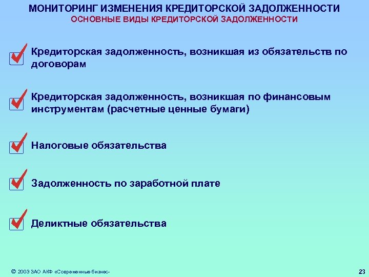 МОНИТОРИНГ ИЗМЕНЕНИЯ КРЕДИТОРСКОЙ ЗАДОЛЖЕННОСТИ ОСНОВНЫЕ ВИДЫ КРЕДИТОРСКОЙ ЗАДОЛЖЕННОСТИ Кредиторская задолженность, возникшая из обязательств по