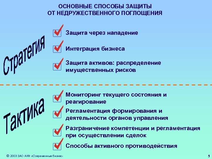 ОСНОВНЫЕ СПОСОБЫ ЗАЩИТЫ ОТ НЕДРУЖЕСТВЕННОГО ПОГЛОЩЕНИЯ Защита через нападение Интеграция бизнеса Защита активов: распределение