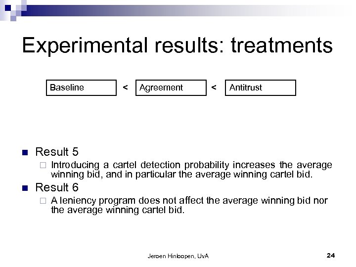 Experimental results: treatments Baseline n Agreement < Antitrust Result 5 ¨ n < Introducing