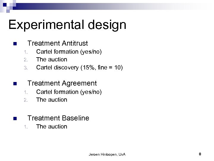 Experimental design n Treatment Antitrust 1. 2. 3. n Treatment Agreement 1. 2. n