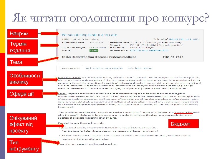 Як читати оголошення про конкурс? Напрям Термін подання Тема Особливості виклику Сфера дії Очікуваний