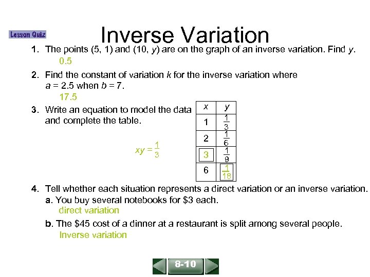 ALGEBRA 1 LESSON 8 -10 Inverse Variation 1. The points (5, 1) and (10,