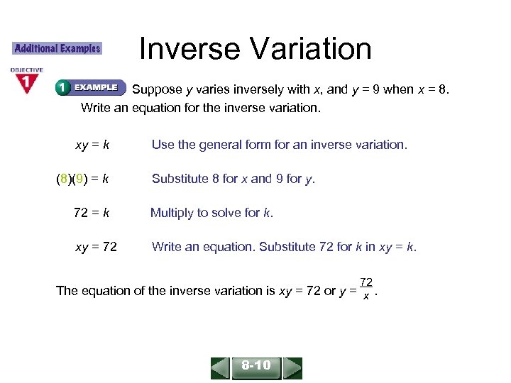 ALGEBRA 1 LESSON 8 -10 Inverse Variation Suppose y varies inversely with x, and