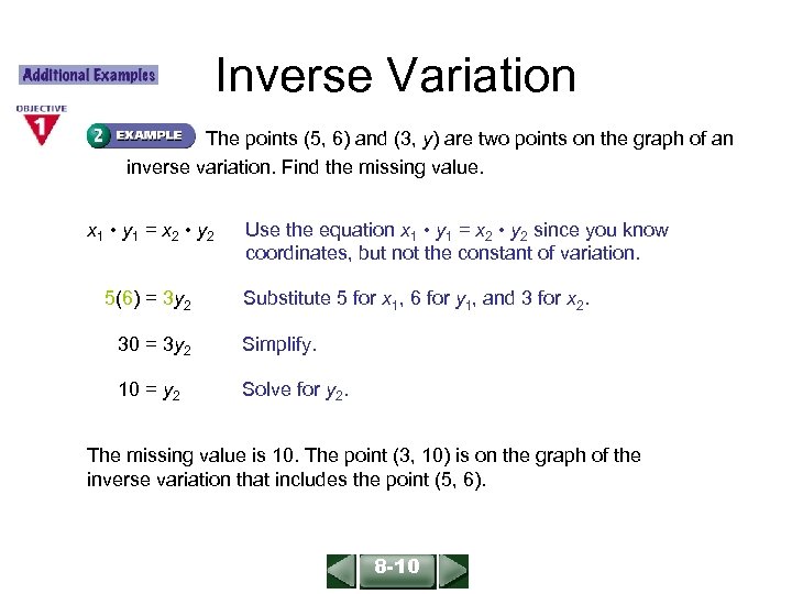 ALGEBRA 1 LESSON 8 -10 Inverse Variation The points (5, 6) and (3, y)