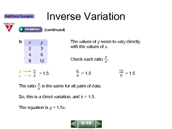 ALGEBRA 1 LESSON 8 -10 Inverse Variation (continued) b. y x x 2 4