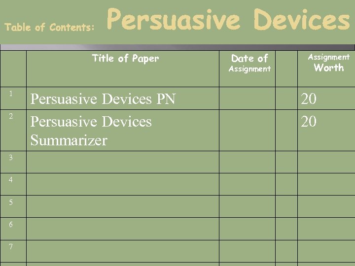 Title of Paper 1 2 3 4 5 6 7 Persuasive Devices PN Persuasive