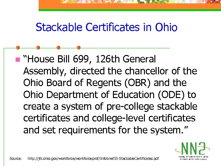 Stackable Certificates in Ohio n Source: “House Bill 699, 126 th General Assembly, directed