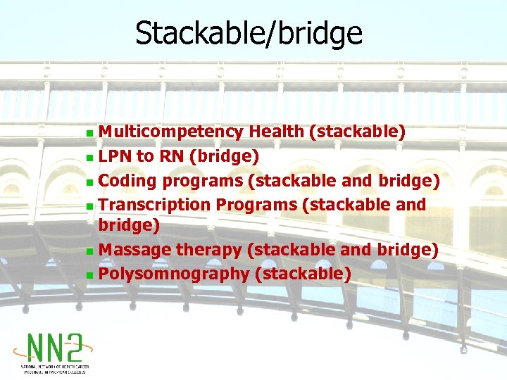 Stackable/bridge Multicompetency Health (stackable) n LPN to RN (bridge) n Coding programs (stackable and