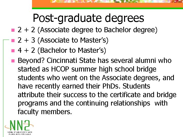 Post-graduate degrees n n 2 + 2 (Associate degree to Bachelor degree) 2 +