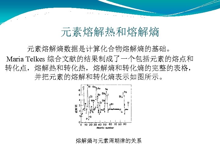 元素熔解热和熔解熵 元素熔解熵数据是计算化合物熔解熵的基础。 Maria Telkes 综合文献的结果制成了一个包括元素的熔点和 转化点，熔解热和转化热，熔解熵和转化熵的完整的表格， 并把元素的熔解和转化熵表示如图所示。 熔解熵与元素周期律的关系 