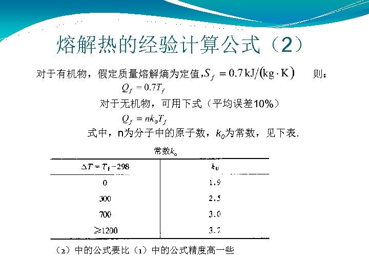 熔解热的经验计算公式（2） 对于有机物，假定质量熔解熵为定值， 则： 对于无机物，可用下式（平均误差 10%） 式中，n为分子中的原子数，k 0为常数，见下表. 常数k 0 （2）中的公式要比（1）中的公式精度高一些 