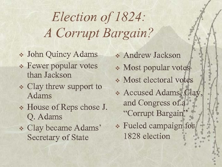 Election of 1824: A Corrupt Bargain? v v v John Quincy Adams Fewer popular