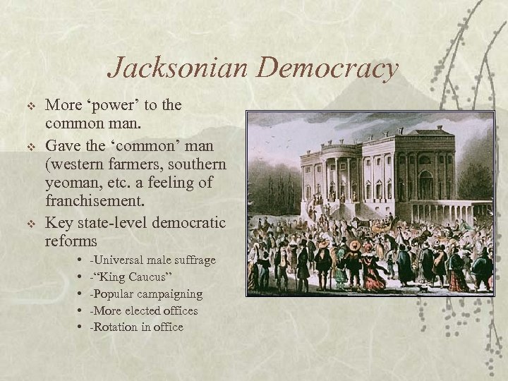 Jacksonian Democracy v v v More ‘power’ to the common man. Gave the ‘common’