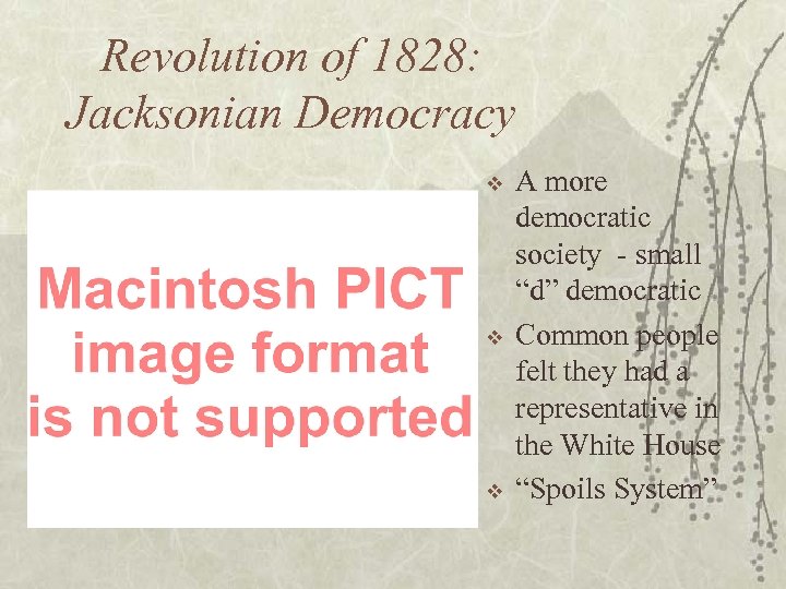 Revolution of 1828: Jacksonian Democracy v v v A more democratic society - small