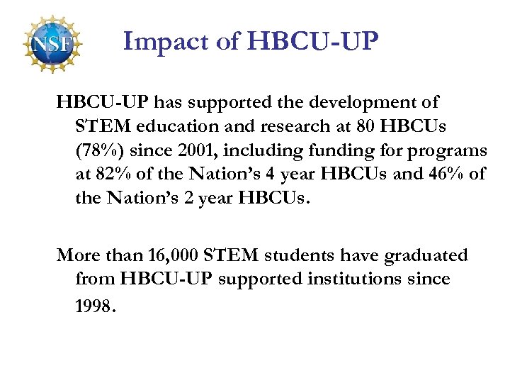 Impact of HBCU-UP has supported the development of STEM education and research at 80