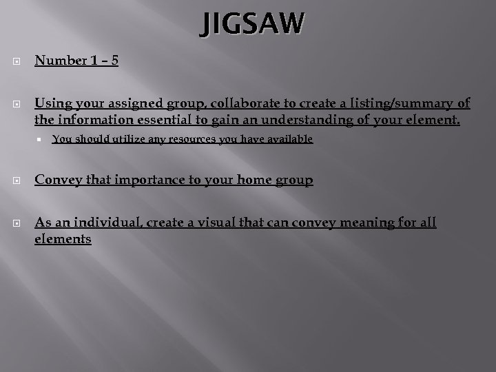 JIGSAW Number 1 – 5 Using your assigned group, collaborate to create a listing/summary