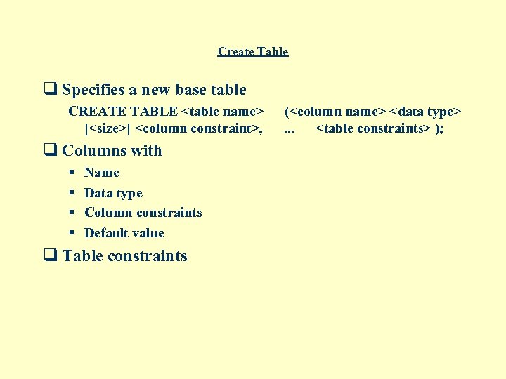 Create Table q Specifies a new base table CREATE TABLE <table name> [<size>] <column