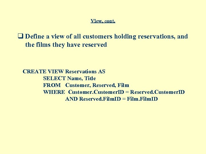 View, cont. q Define a view of all customers holding reservations, and the films