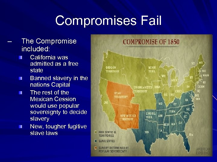 Compromises Fail – The Compromise included: California was admitted as a free state Banned