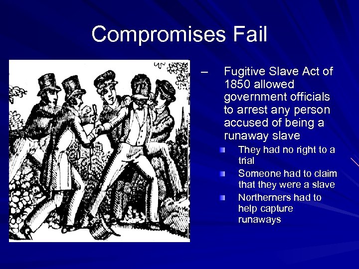 Compromises Fail – Fugitive Slave Act of 1850 allowed government officials to arrest any