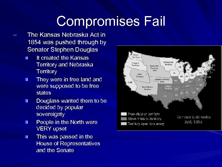 Compromises Fail – The Kansas Nebraska Act in 1854 was pushed through by Senator