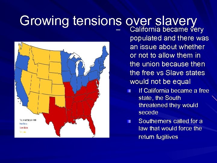 Growing tensions over slavery – California became very populated and there was an issue
