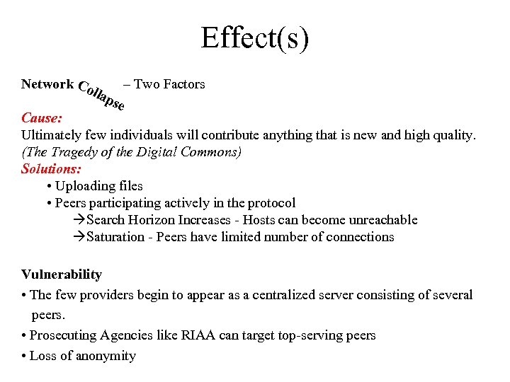 Effect(s) Network Co – Two Factors llap se Cause: Ultimately few individuals will contribute
