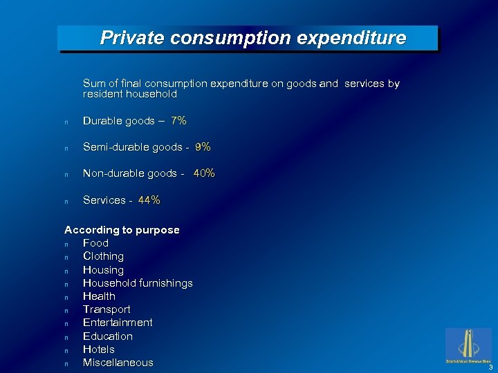 Private consumption expenditure Sum of final consumption expenditure on goods and services by resident