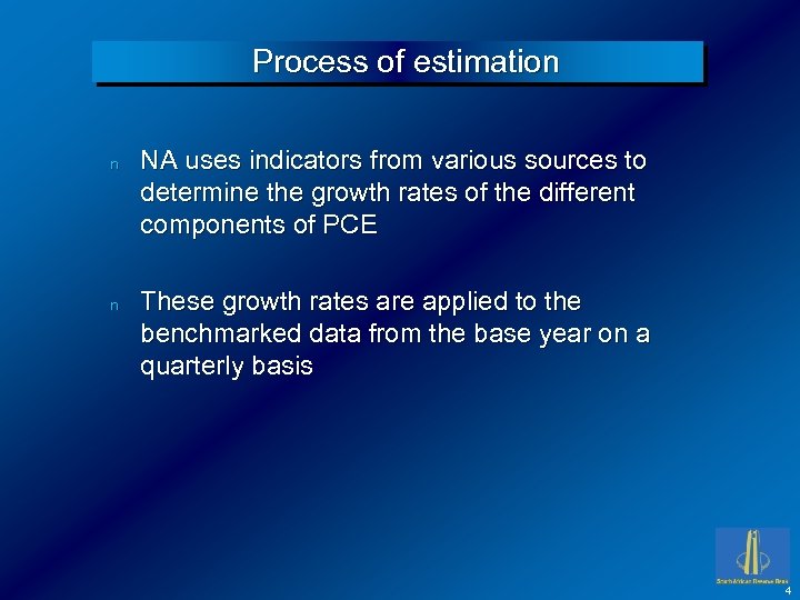 Process of estimation n n NA uses indicators from various sources to determine the